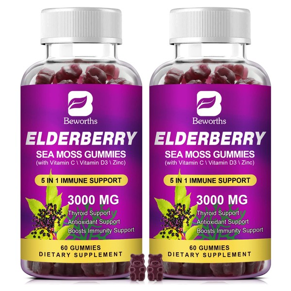 B BEWORTHS Elderberry & Sea Moss Gummies, Organic Black Sambucus Elderberry with Zinc and Vitamin C, D3 for Adults & Kids, Elderberry Gummy Vitamin Supplements for Immune & Thyroid Support - Vegan
