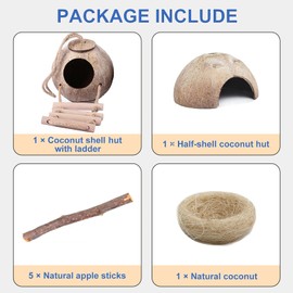 kathson 8PCS Natural Coconut Hut Hamster Hiding House Pet Cave Small Animal Cage Habitat Decor Hanging Hamster Toys with Ladder for Gerbils Hermit Crabs Dwarf Lizards