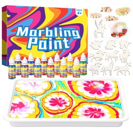 BLISSIQUEE Water Marbling Paint for Kids, Marbling Kit 150Pcs+ (12 Colors+6 Wooden Ornament+20 Sheets of Drawing Paper+Colourful Beads),Painting On Water Arts and Crafts Supplies Gift for Kids 6-12