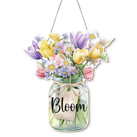 MOTERMATE Spring Floral Bloom Sign for Home Decor, Spring Tulip Wildflower Nursery Front Porch Door Decor Decorations for the Home Office, Spring Floral Baby in Bloom Room Wall Hanging Decor,12x12Inch