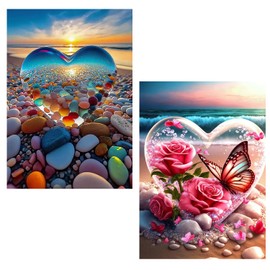 2 Pack Diamond Painting Adults, 5D Diamond Painting Heart, Beach Diamond Painting Pictures, Sunset Diamond Painting Set, 30 x 40 cm