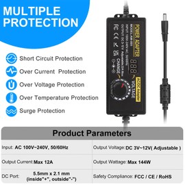 Adjustable DC Power Supply, Auplf Universal Power Supply Adapter 3V ~ 12V 12A 144W AC/DC Adapter Variable DC Power Supply 100V-240V Universal AC Adapter DC Converter Transformer with 14 Tips