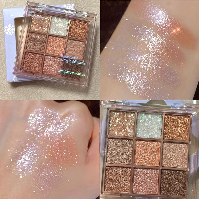 9 colours glitter eyeshadow palette, gold white pink palette, natural,