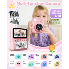 TIATUA Kids Camera Instant Print for Girls Ages 3-14, 3-inch HD Screen Camera for Kids with Printing Paper, 1080P Digital Toddler Camera Toys for 4 5 6 7 8 9 10 11 12 Years Old (Pink)