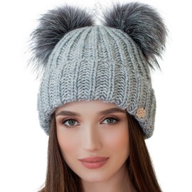 Braxton Beanie Women - 2 Pom Cable Knit Winter Warm Fleece Hat - Wool Snow Cuff Grey Ski Cap