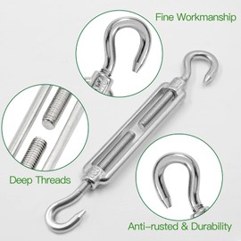 Jamiikury 6PCS M6 Hook & Hook Turnbuckle 304 Stainless Steel Turnbuckle Wire Rope Tension Heavy Duty Turnbuckles for Cable Railing Wire Rope Hardware Kit (M6, Hook & Hook)