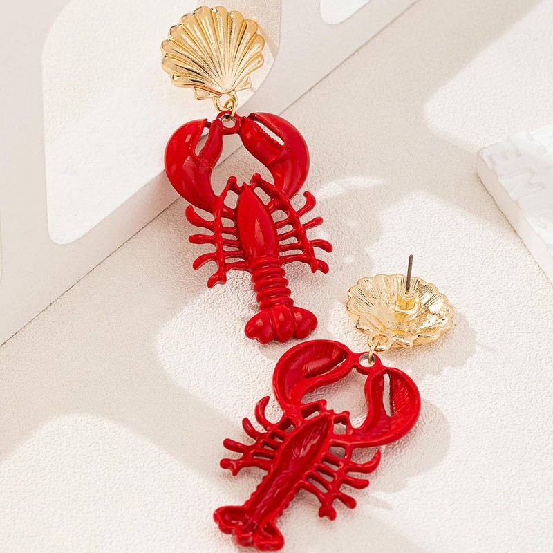 Nautical Seashell and Red Lobster Dangle Earrings, Gold-Tone Statement Jewelry,