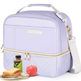 Hihealer 2 Tier Lunch Bag Women with Stylish Vegan Leather - Large Leakproof Insulated Cool Bag with Removable Adjustable Strap for Work Picnic, Christmas Gifts for Women (Lavender Purple)