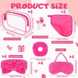 Kklolai 20 Pcs Spa Sleepover Party Supplies for Girls 4 Bow Facial Headband 4 Pink Plush Sleep Eye Mask 4 Velvet Scrunchies 4 Makeup Remover Cloth 4 Clear Cosmetic Bags for Women Slumber (Pink)