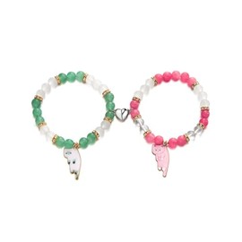 QRH Cute Cat Friendship Couple Bracelets Heart Matching Cartoon Kitten Kawaii Aesthetic Beaded Stretch Bracelets-green&pink