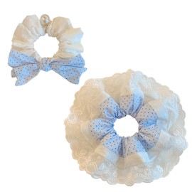 2 Pack Balletcore Polka Dot Scrunchies for Women, Elegant Lace Ruffle Hair Ties for Thick Hair, Light Blue, Cute Small Bow Big Faux Pearl Scrunchies for Vacation Daily Wear (Single Lace Set)