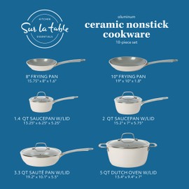 Sur La Table Kitchen Essentials 10 Piece PFA Free Non-Toxic Titanium Ceramic Nonstick Interior Forged Aluminum Cookware Pots and Pans Set - Linen White - Induction Compatible