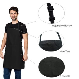 CWFUN Black Adjustable Bib Apron Waterdrop Resistant with 2 Pockets-Size 32x 28 Inches Cooking Kitchen BBQ Aprons for Women Men Chef, Black-2 Pcs …
