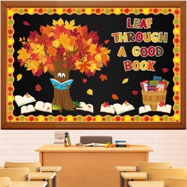 Kepeel Fall Reading Bulletin Board Set Autumn Thanksgiving Fall Tree Bulletin Board Classroom Decoration Fall Maple Leaves Tree Book Cutouts Home Window Wall Party Decor for Teacher(Leaf Through A Good Book)