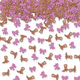 100pcs Gender Reveal Confetti, Pink Glitter Boots or Bow Table Confetti for Gender Reveal, He or She Paper Scatters, 1st Birthday/Baby Shower Party Table Decoration