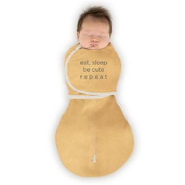 SwaddleDesigns 6-Way Omni Swaddle Sack, Arms Up Swaddle for Newborn, More Options to Calm Startle Reflex, Improves Sleep, Easy Transition Baby Sleep Sack, Small, 0-3 Month, Gold, Eat Sleep Be Cute