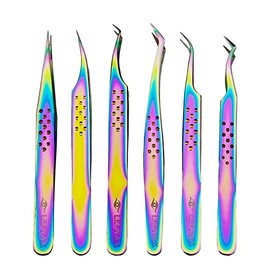 Leenax Professional Pack of 6 Rainbow Color Stainless- Steel Eyelash Extension Tweezers include Two Superior Grip Fiber tip Tweezers for False Lashes Extension 2D-6D Volume Tweezers. (R6)