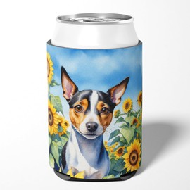 Caroline's Treasures Rat Terrier in Sunflowers Can or Bottle Hugger Cooler Washable Drink Sleeve Collapsible Beverage Insulated Holder, Can Hugger, Multicolor