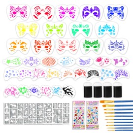 58 Pieces Face Paint Stencils and Brushes Kit, Incledes 36 Reusable Facial Painting Stencils, 6 Sheets Tattoo Stencil Stickers, 10 Brushes, 2 Pack Adhesive Gems, 4 Sponges for Party Festival Makeup