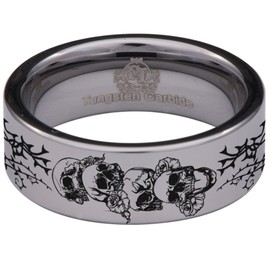 Friends of Irony Silver Tungsten Carbide Skull and Roses Gothic Wedding Band Anniversary Ring for Men and Women 8mm Size 11.5