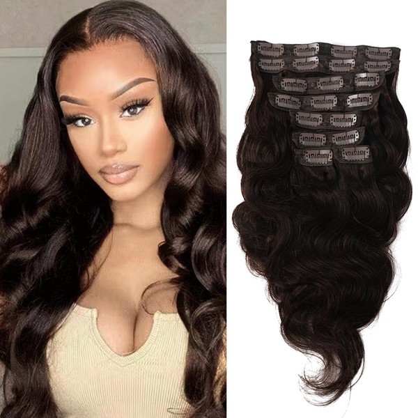 Jreitsere Clip-In Hair Extensions, Real Human Hair, 24 Inches, #2 Dark Brown Colour, Body Wave Hair Extensions, Clip-In for Black Women, 8 Pieces