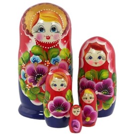 Semenovskay Rospis Matryoshka Babushka Wooden Dolls Hand-Painted Set of 5 Poppies (Pink-Blue)