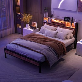 Maliacife Queen Bed Frame with Charging Station,Metal Platform Bed with Open Shelves,LED Bed with Bookcase Storage Headboard, No Box Spring Needed, Noise-Free, Brown