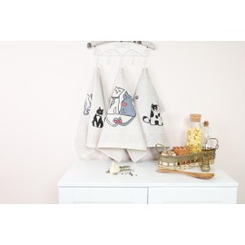 textile idea - Set of 3 Half-Linen Tea Towels 46 x 60 cm, Kitchen Towels, Small Hand Towels 60% Linen, 40% Cotton, Hand Towel with Hanger - Cats, Pack of 3