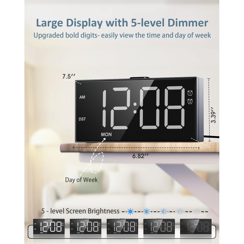 Roxicosly Digital Alarm Clocks for Heavy Sleepers,7.5" LED Display Loud