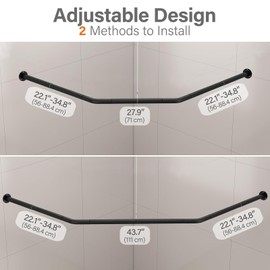 Yampos Diamond Shaped Corner Shower Curtain Rod, [Both Sides: 22"-34.8", Middle: 28"-43.7"] Adjustable Heavy Duty Angled Shower Curtain Pole for Bathroom with 12 Hooks & Ceiling Support - Matte Black