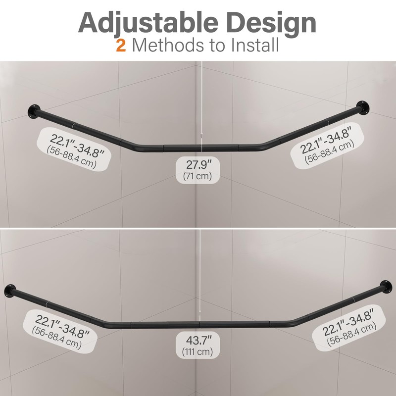Diamond Shaped Corner Shower Curtain Rod, [Both Sides: 22"-34.8", Middle: