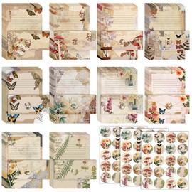 TaoBary 160 Packs Stationery Paper Set (50 Double Sided Stationery Writing Papers 50 Matching Envelopes) 60 Round Dot Sticker, 10 Design(8.5 x 11 Inch,Nature Vintage Style)