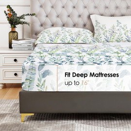 YIYEA Floral Fitted Sheet with Pillowcase, Premium Double Brushed Microfiber Deep Pocket Fitted Sheet Queen Size, Ultra Soft Fitted Bottom Sheet, Shrinkage, Fade Resistant (Queen)