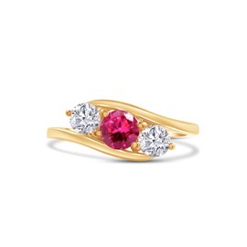 Wishrocks Round Cut Simulated Ruby & White Cubic Zirconia Three Stone Bypass Engagement Ring Jewelry For Women In 14k Yellow Gold Over Sterling Silver Ring Size- 10.5