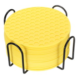 uxcell 16 Pcs Silicone Coasters with Holder, 4 Inch Round Coaster for Drink, Non-Slip Non-Stick Heat Resistant Place Mats Washable for Cups Tabletop Protection Table Decor, Yellow
