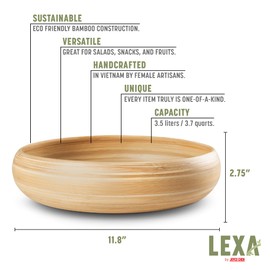 LEXA 12" Handmade Natural Bamboo Wooden Fruit Bowl for Kitchen Counter - 130 oz Lightweight Large Bamboo Wood Salad Bowl