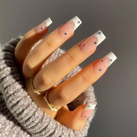 TMUT 24pcs Medium Coffin False Nails French White Tip Stick on Nails Square Press on Nails Rhinestones Glue-on Nails Removable Fake Nails Women Girls Nail Art Accessories, Pack of 24