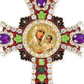 Needzo Virgin of Jerusalem Jeweled Cross Wall Icon, Enameled Hanging Decor, 6 Inches, Gift Box Included