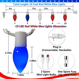 25Ft Red White and Blue Christmas Lights C9, 25 LED Fourth of July Lights Shatterproof, Plug in Outdoor Patriotic Lights for Patio Home Independence Day Memorial Day Christmas Decor