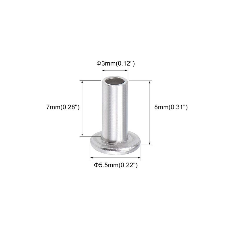 sourcing map Aluminium Flat Head Half Tube Rivets Silver M3