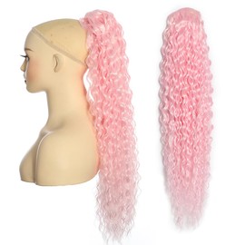 BALINGHAIR Deep Wave Ponytail Extension for Women 24 Inch Light Pink Curly Wavy Ponytail Hair Extensions Drawstring with Clips Short Synthetic Hairpiece for Daily and Party