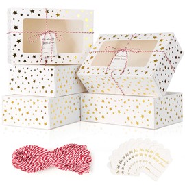 Ocmoiy Ocmoiy 24 PCS Christmas Cookie Boxes for Gift Giving, 9x6x3 Inch Golden Star Treat Boxes with Window, Auto-Popup White Bakery Box for Chocolate Covered Strawberries, Dessert, Cupcake, Pastry Packaging