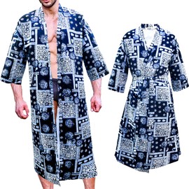 XonyiCos - Bata de baño japonesa ligera para hombre, manga 3/4, casual, frente abierto, largo, capa con cinturón, Azul oscuro, Small