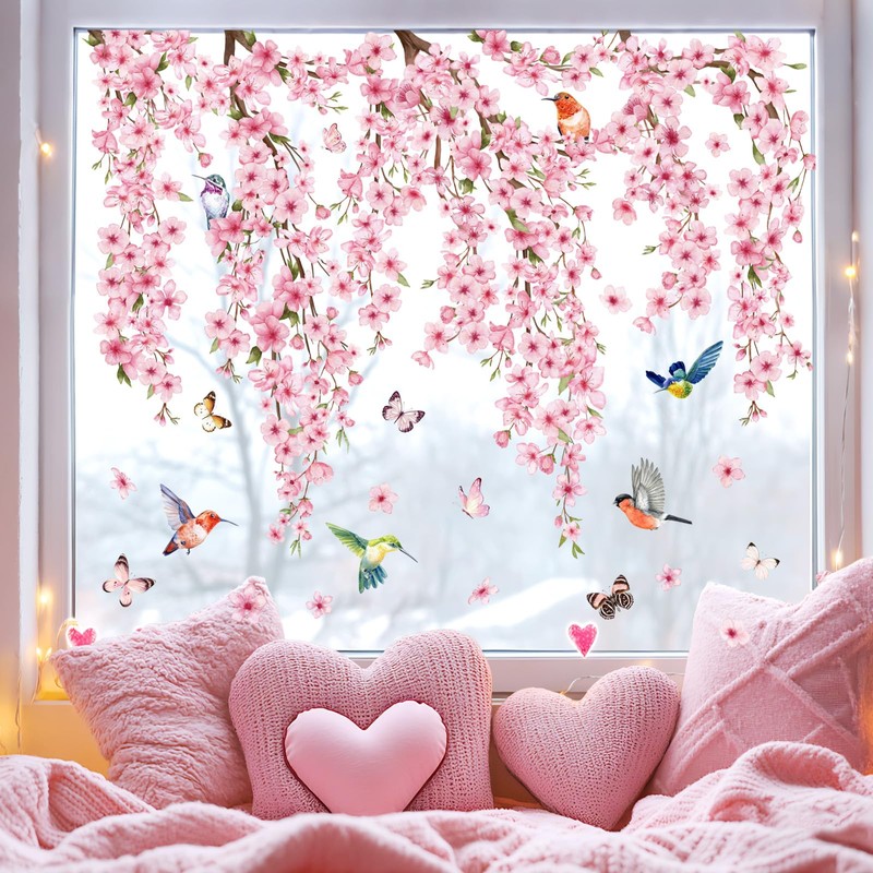 Whaline 9 Sheets Cherry Blossom Floral Window Clings Spring Glass