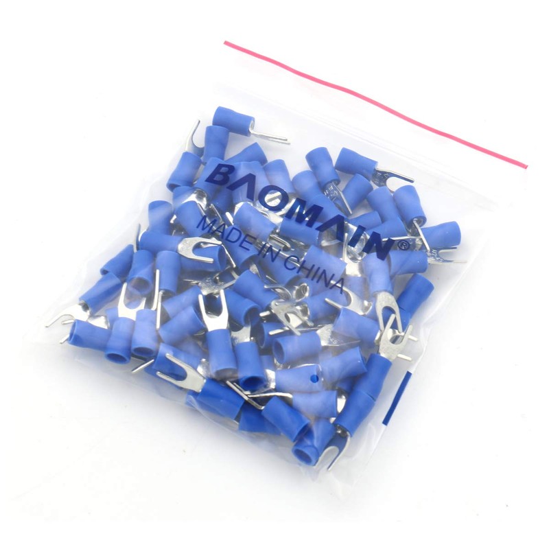 Baomain Insulated Fork Spade Wire Connector Electrical Crimp Terminal 14-16AWG(1.5-2.5