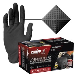 GRIPXX Herkules Grip Heavy Duty 8Mil Black Nitrile Gloves,3D Raised Diamond Texture-Latex & Powder-Free-Industrial, Mechanic (100, Small)