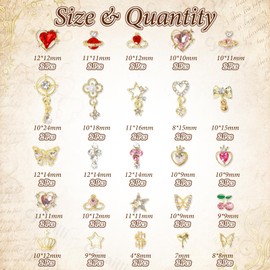 50 Pcs Gold Nails Charms, Heart Star Bows Dangle Nail Charms and Gems Gold Cherry Heart Butterfly Crown Planet Dollar Sign Golden Nail Golden Charm for Women DIY Supplies