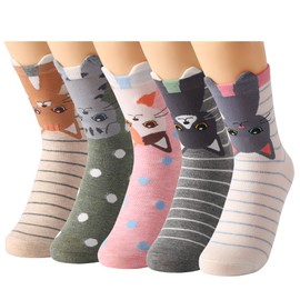 Tosewever 5 Pairs Womens Cute Animal Casual Socks for Girls, Funny Cozy Lovely Cat Dogs Anime Cotton Novelty Crew Sock for Women Gifts (Dot Striped Cats)