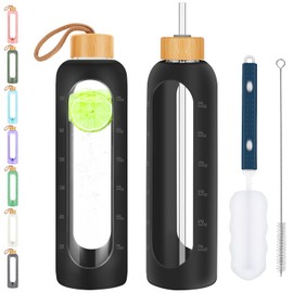 Glass Water Bottles 32 oz - Motivational Drinking Glass Water Bottle with Silicone Sleeve, Straw & 2 Bamboo Lids - 1 Liter Clear Borosilicate Wide Mouth Daily Intake Waterbottle with Time Marker
