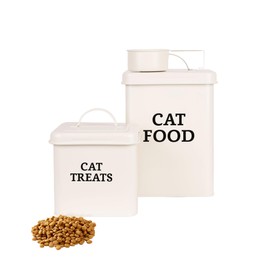 Candco 2 Packs Cat Food Storage Containers, Metal Cat Food and Treats Containers With Lid & Scoop, Farmhouse Pet Food Storage Containers, Cream